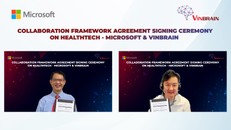 Lễ Ký kết Thỏa Thuận Khung Hợp tác trong Lĩnh vực Công nghệ Y tế giữa Đại diện VinBrain, TGĐ Trương Quốc Hùng và Đại diện Microsoft Hoa Kỳ, GĐ Kỹ Thuật, Tiến sĩ Yumao Lu.