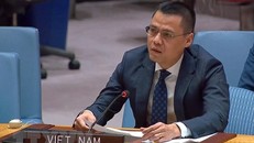 Đại sứ Đặng Hoàng Giang, Trưởng Phái đoàn Việt Nam tại Liên hợp quốc phát biểu. (Ảnh: Trần Thanh Tuấn/TTXVN)