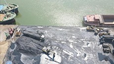 Hoạt động sản xuất ở cầu cảng Hợp Thịnh gây phát tán bụi (khi có gió mạnh) ra Khu phố 6, thị trấn Cửa Việt, huyện Gio Linh (Quảng Trị). (Ảnh: TTXVN) 