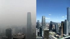 Bầu trời Bắc Kinh hôm thứ hai (trái) so với cùng một địa điểm hồi đầu tháng 9 (phải). Ảnh: SCMP.