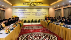 Chủ tịch UBND thành phố Hà Nội Trần Sỹ Thanh tiếp Đô trưởng Vientiane Athsaphangthong Siphandone. Ảnh: TTXVN 