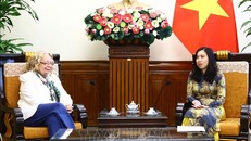 Thứ trưởng Bộ Ngoại giao Lê Thị Thu Hằng tiếp Tổng Giám đốc Văn phòng Liên hợp quốc tại Geneva Tatiana Valovaya. Ảnh: Lâm Khánh - TTXVN