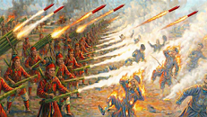 Quân Đại Việt giáp chiến quân Thanh bên bờ sông Hồng, hàng đầu là ống phóng hỏa hổ bằng tre phun lửa Phốt pho xa 10m lập tức biến giặc thành bó đuốc sống, hàng sau là pháo thăng thiên Phốt pho phóng loạt biến toàn bộ đại quân của giặc thành biển lửa.