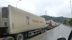 Hàng ách tắc tại cửa khẩu Tân Thanh, xe đỗ tràn ra đường quốc lộ, dài chừng 10 km *ảnh: Duy Chiến