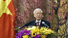 Tổng Bí thư Nguyễn Phú Trọng phát biểu chúc Tết các đồng chí lãnh đạo và nguyên lãnh đạo Đảng, Nhà nước, MTTQ Việt Nam. Ảnh: VGP.Nhật Bắc