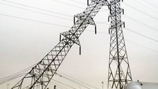 Cột 47 đường dây 220 KV Hải Phòng - Đình Vũ đổ nghiêng ngày 12/11. Ảnh: Tiền Phong.