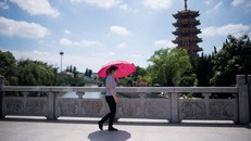 Một phụ nữ che dù đi trong nắng nóng gay gắt ở Thượng Hải - Ảnh: AFP