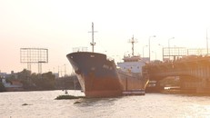 Tàu Royal 09 bị mắc kẹt tại cầu Đồng Nai. Ảnh: Dân trí