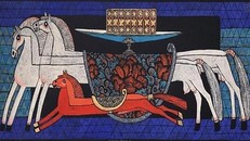 Tác phẩm “Tam mã”, bản in khắc gỗ, kích thước 40x110cm của họa sĩ Vũ Đình Tuấn sẽ góp mặt tại phiên đấu giá sắp tới. Ảnh: Lao động Thủ đô