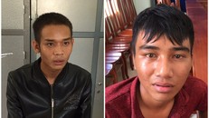 Đối tượng Pòng (áo đen) và Drit (áo đỏ) tại cơ quan công an.