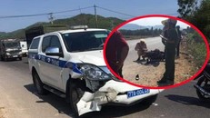 Ô tô của CSGT Công an Bình Định bị móp đầu sau vụ va chạm. (Ảnh: VTC News)