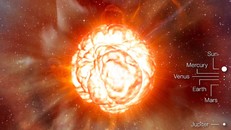 Ảnh đồ họa cho thấy ngôi sao đỏ khổng lồ khi phát nổ được so sánh với các thiên thể trong Hệ Mặt trời - chỉ như những chấm nhỏ - Ảnh đồ họa từ ESO