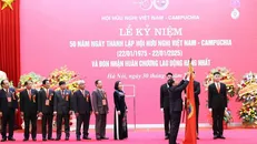 Phó Thủ tướng, Bộ trưởng Bộ Ngoại giao Bùi Thanh Sơn trao tặng Huân chương Lao động hạng Nhất cho Hội Hữu nghị Việt Nam-Campuchia. Ảnh: An Đăng/TTXVN.