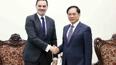 Phó Thủ tướng, Bộ trưởng Ngoại giao Bùi Thanh Sơn tiếp Bộ trưởng đặc trách Ngoại thương và Người Pháp ở nước ngoài Laurent Saint-Martin. Ảnh: An Đăng/TTXVN.