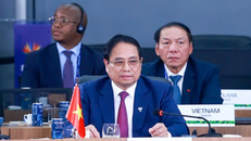 Thủ tướng Chính phủ Phạm Minh Chính phát biểu tại Phiên thảo luận cấp cao BRICS mở rộng về "Tăng cường chủ nghĩa đa phương, các vấn đề kinh tế - tài chính và trí tuệ nhân tạo". Ảnh: VGP/Nhật Bắc