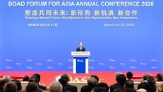 Ông Triệu Lạc Tế, Ủy viên trưởng Nhân đại toàn quốc Trung Quốc, phát biểu tại phiên họp toàn thể Hội nghị thường niên Diễn đàn Bác Ngao châu Á (BFA) năm 2026 ngày 26/3. 