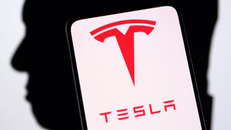 Logo Tesla và hình bóng Elon Musk. Ảnh: Reuters/Dado Ruvic