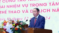 Bộ trưởng Bộ Văn hoá, Thể thao và Du lịch Nguyễn Văn Hùng báo cáo tổng kết công tác năm 2024 và triển khai nhiệm vụ trọng tâm năm 2025. Ảnh: Dương Giang/TTXVN
