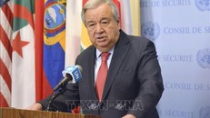 Tổng thư ký LHQ Antonio Guterres phát biểu tại cuộc họp báo ở New York, Mỹ. Ảnh: Kyodo/TTXVN