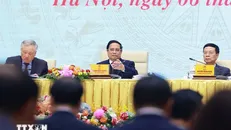 Thủ tướng Phạm Minh Chính chủ trì Phiên họp tổng kết hoạt động của Ủy ban Quốc gia về chuyển đổi số và Đề án 06. Ảnh: Dương Giang/TTXVN