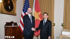 Phó Thủ tướng Hồ Đức Phớc gặp Đại diện Thương mại Mỹ Jamieson Greer. Ảnh: TTXVN