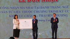 Bà Miki Nozawa, Trưởng ban Giáo dục Văn phòng đại diện UNESCO tại Việt Nam trao Bằng công nhận Ma nhai tại Danh thắng Ngũ Hành Sơn là Di sản tư liệu thuộc Chương trình ký ức thế giới khu vực châu Á - Thái Bình Dương cho Thứ trưởng Bộ Văn hóa, Thể thao và Du lịch Hoàng Đạo Cương. 