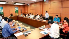 Đoàn đại biểu Quốc hội các tỉnh Vĩnh Phúc, Gia Lai, Vĩnh Long và Lào Cai thảo luận ở tổ. Ảnh: Doãn Tấn/TTXVN.