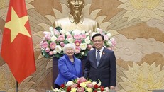 Chủ tịch Quốc hội Vương Đình Huệ tiếp Bộ trưởng Bộ Tài chính Hoa Kỳ Janet Yellen đang thăm, làm việc tại Việt Nam. Ảnh: Doãn Tấn/TTXVN.