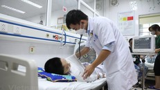 Bác sỹ tại Bệnh viện Xanh Pôn khám cho một bệnh nhi mắc sốt xuất huyết trong tình trạng nặng. Ảnh: TTXVN.