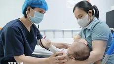 Bác sĩ khám cho bệnh nhi gần 2 tháng tuổi mắc ho gà điều trị tại Bệnh viện Nhi Trung ương. Ảnh: Minh Quyết/TTXVN.