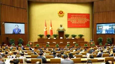 Ông Trần Thanh Mẫn, Ủy viên Bộ Chính trị, Chủ tịch Quốc hội quán triệt chuyên đề "Tháo gỡ những điểm nghẽn, nút thắt về thể chế." Ảnh: Phương Hoa/TTXVN.