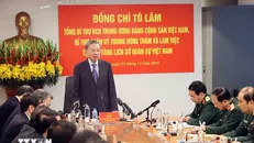 Tổng Bí thư Tô Lâm, Bí thư Quân ủy Trung ương phát biểu tại buổi làm việc. Ảnh: An Đăng/TTXVN.