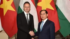 Phó Thủ tướng, Bộ trưởng Ngoại giao Bùi Thanh Sơn đón Bộ trưởng Ngoại giao và Kinh tế đối ngoại Hungary Szijjarto Peter. Ảnh: An Đăng/TTXVN.