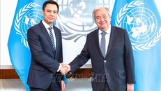 Đại sứ Đặng Hoàng Giang chào từ biệt Tổng Thư ký LHQ António Guterres. Ảnh: TTXVN.