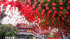 Sắc đỏ cờ Tổ quốc ngập tràn một tuyến phố ở Hà Nội. Ảnh: Khánh Hòa/TTXVN.