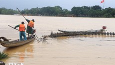 Công nhân dọn rác do lũ cuốn dạt vào bờ Nam sông Hương, thành phố Huế sáng 2/11. Ảnh: Nguyên Lý /TTXVN.