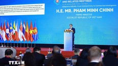 Thủ tướng Phạm Minh Chính phát biểu tại Lễ khai mạc Hội nghị Bộ trưởng Số ASEAN (ADGMIN) lần thứ 6. Ảnh: Dương Giang/TTXVN.