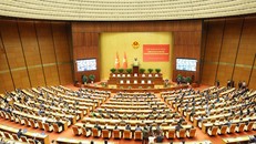 Quang cảnh hội nghị quán triệt và triển khai thực hiện Nghị quyết Đại hội XIV của Đảng tại điểm cầu chính Hội trường Diên Hồng, Nhà Quốc hội.