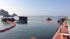 Hiện trường tàu chìm tại khu vực Cửa Hẹp, lực lượng chức năng đang quây phao ngăn sự cố tràn dầu.