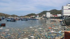 Rác thải bao vây mặt biển, cầu cảng, bến tàu ở Bình Ba. Ảnh: Xuân Hướng