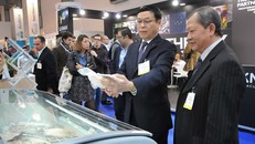 Đại sứ Việt Nam tại Bỉ Vũ Anh Quang (thứ 2 bên phải) thăm gian hàng Việt Nam. (Ảnh: Kim Chung/TTXVN)