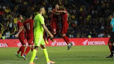 Đức Huy ăn mừng sau khi ghi bàn vào lưới Curacao. (Ảnh: Nguyên An/Vietnam+)