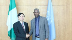 Đại sứ Đặng Đình Quý gặp ông Tijjani Muhammad Bande, Chủ tịch Đại hội đồng Liên Hợp Quốc. (Ảnh: Hữu Thanh/TTXVN)