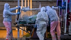 Nhân viên y tế chuyển bệnh nhân mắc COVID-19 tại một bệnh viện ở Rome, Italy ngày 16/3/2020. (Ảnh: AFP/TTXVN)