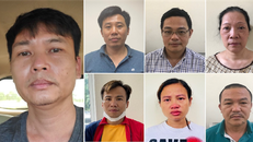 Các bị can (từ trái qua phải): Nguyễn Xuân Hanh; Đỗ Quang Tiến; Đỗ Khắc Tú Anh; Nguyễn Thị Ngọc Lâm; Nguyễn Tuấn Nghĩa; Kiều Thị Thúy; Hoàng Đình Văn.