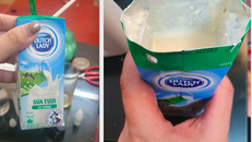 Cắt phần miệng hộp sữa Dutch Lady ra để kiểm tra, chị Thảo phát hiện sữa bên trong đã bị nổi váng bám đầy trên thành hộp, phần sữa dưới đáy hộp cũng đã bị vón cục gần hết, bốc mùi hôi nồng nặc. (Ảnh NVCC)