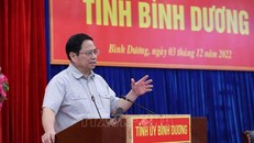 Thủ tướng Phạm Minh Chính phát biểu kết luận buổi làm việc với Ban Thường vụ Tỉnh ủy Bình Dương. Ảnh: TTXVN