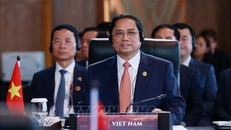 Thủ tướng Phạm Minh Chính phát biểu tại Phiên toàn thể Hội nghị Cấp cao ASEAN lần thứ 42. Ảnh: Dương Giang