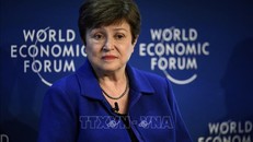 Tổng Giám đốc IMF Kristalina Georgieva phát biểu tại Diễn đàn Kinh tế thế giới ở Davos, Thụy Sĩ, ngày 23/5/2022. Ảnh tư liệu: AFP 