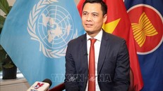 Đại sứ đặc mệnh toàn quyền, Trưởng Phái đoàn đại diện thường trực Việt Nam tại LHQ Đặng Hoàng Giang trả lời phỏng vấn TTXVN tại New York. Ảnh: Hoài Thanh/Phóng viên TTXVN tại Mỹ 